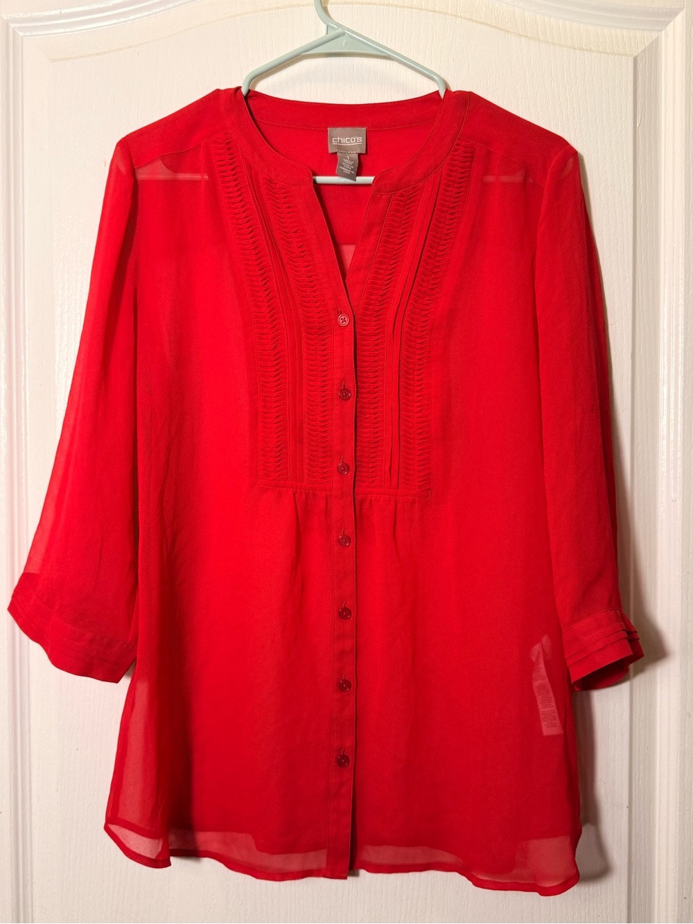 Chico's Vibrant Red Pintuck Button-Front Blouse XL Business Casual Lightweight
